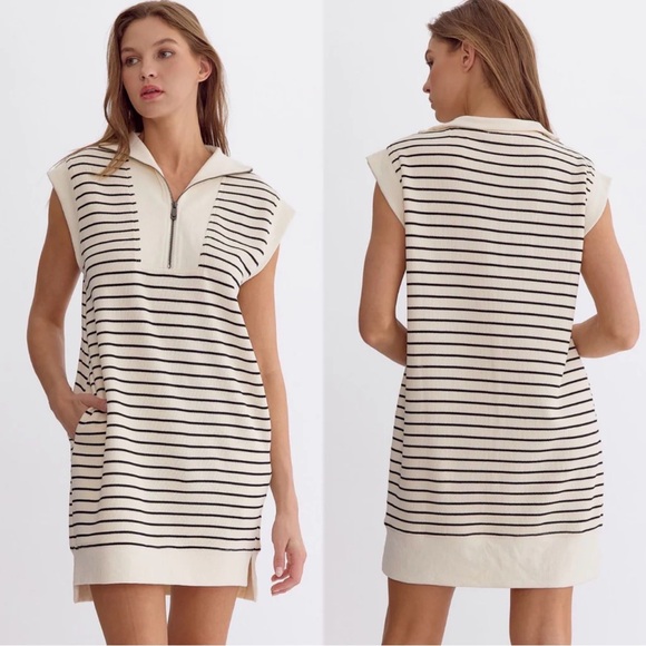 Entro Cream and Blue Striped Mini Dress SZ M 100% Cotton cap sleeve casual vacay - Picture 3 of 12